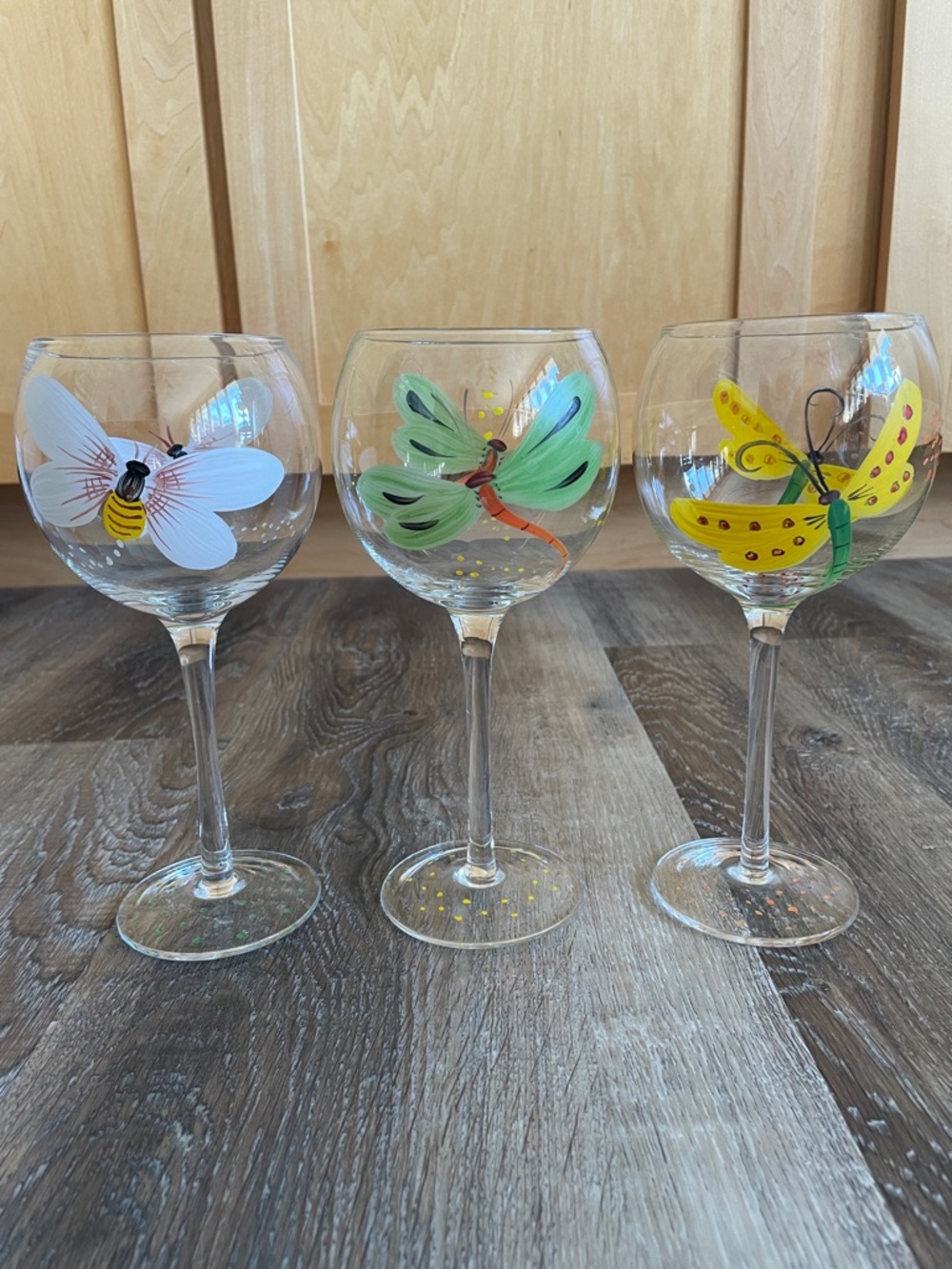 Hand-Painted Insect Wine Glasses - Set of 3 (Bee butterfly, 2 Dragonfly)